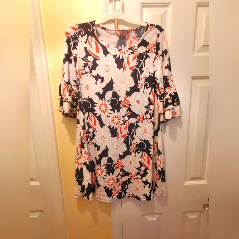 Floral Shift Dress with Bell Sleeves